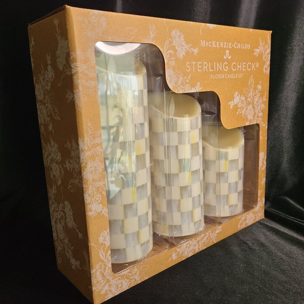 MacKenzie‑Childs Sterling Check Flicker Candle Set • NIB • LED Pillars